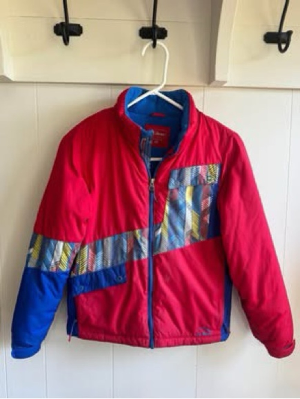 L.L. Bean Red and Blue Kids' Colorblock Puffer with Geometric Stripe